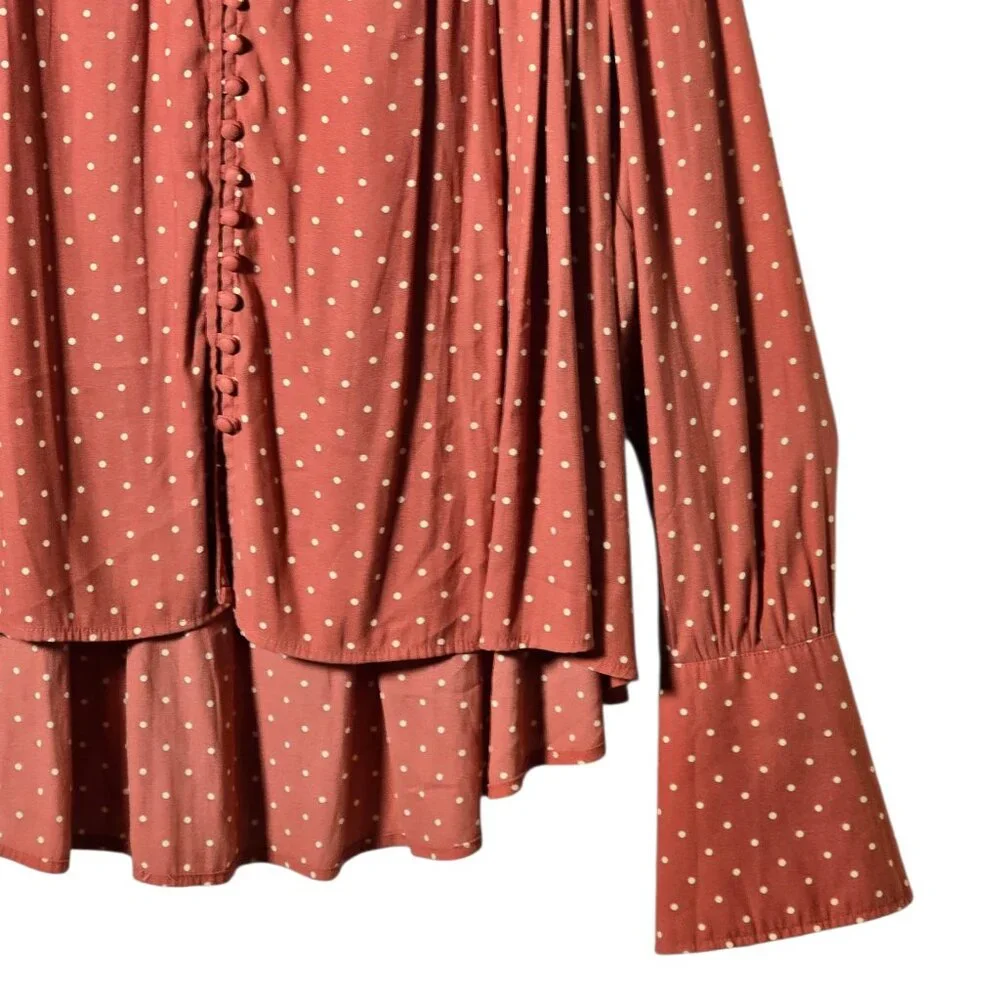 Free People Rust Polka Dot Blouse Small Romantic Boho Ruffle Button Top - Picture 5 of 11
